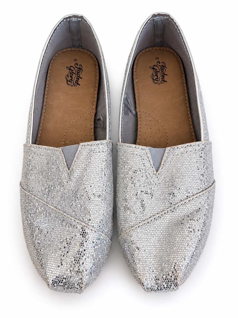 Faded Glory Glitter Slip On Loafer Flats Sparkle Casual Shoes Silver 8